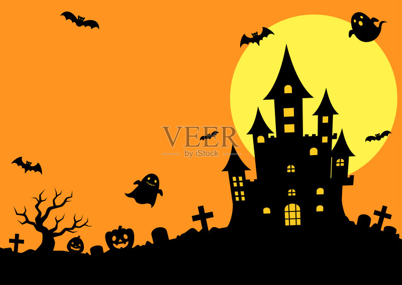 万圣节插图:城堡，满月，南瓜，闹鬼，蝙蝠正版插画素材