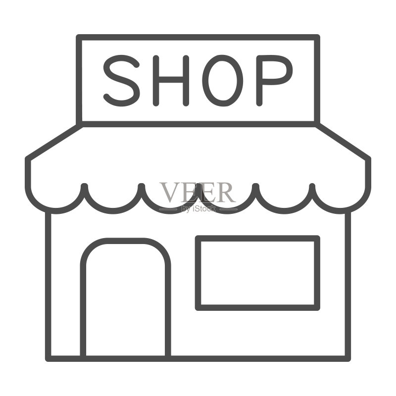 店铺细线图标，街头市场概念，白色背景上的展示亭标志，用于移动概念和网页设计的轮廓风格商店图标。矢量图形图标素材