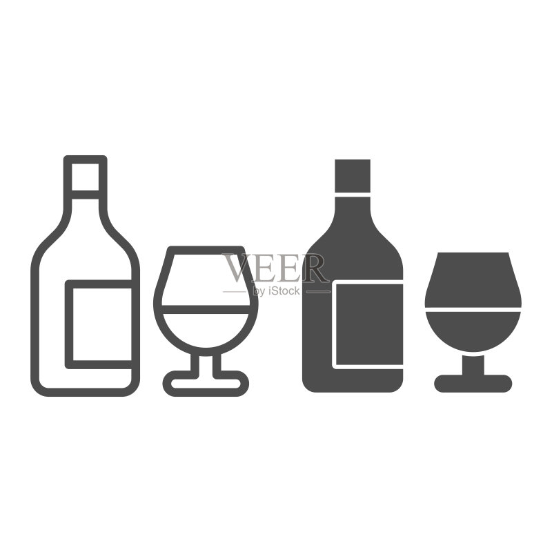 葡萄酒瓶和酒杯线性图标图标素材