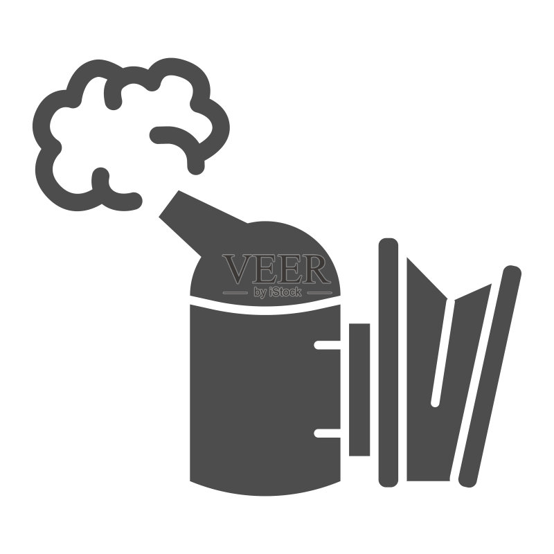 养蜂烟雾器实体图标，养蜂人工具概念，白色背景上的蜜蜂烟雾器标志，用于移动概念和网页设计的字形样式的养蜂场烟雾器图标。矢量图形。图标素材