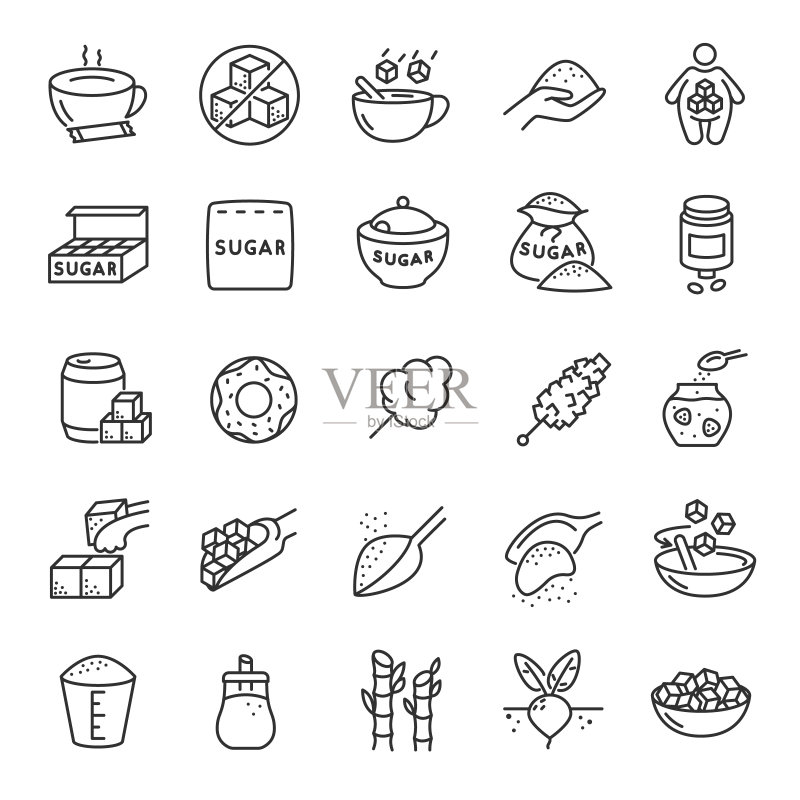 糖图标集：生产、用途和产品线性图标，可编辑描边图标素材