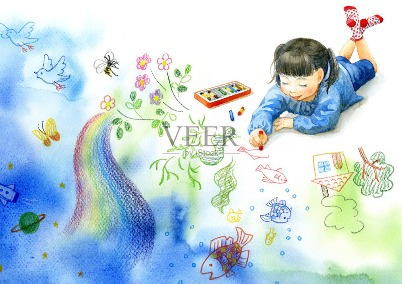 一个小女孩正在画画正版插画素材