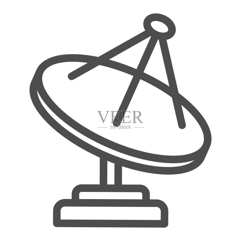 射电望远镜线性图标，白色背景上的卫星天线符号图标素材