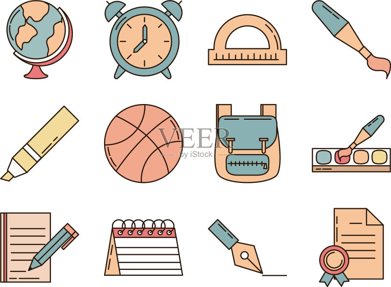 学校教育学习用品文具图标集图标素材