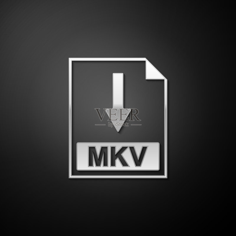 银色MKV文件文档图标。黑色背景上孤立的下载MKV按钮图标。长阴影样式。矢量图标素材
