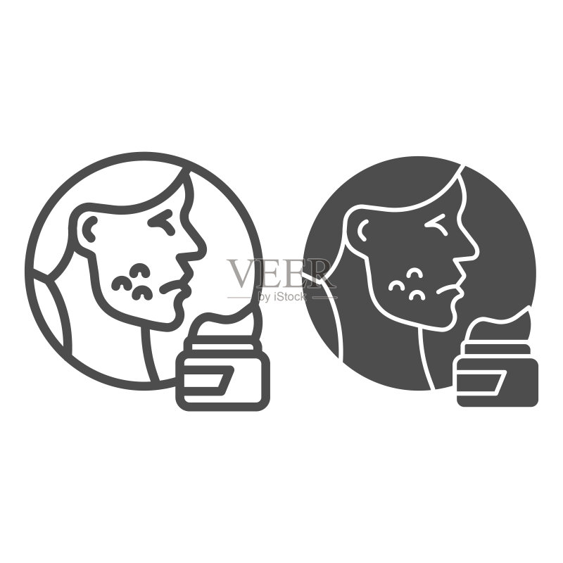 面部皮疹和乳霜线条实体图标，过敏概念，白色背景上的皮肤问题痤疮标志，具有过敏图标的皮肤女性，用于移动和网页设计。矢量图形。图标素材