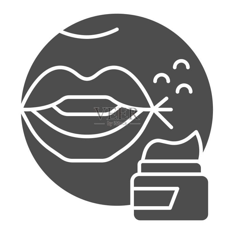 嘴唇皮疹和药膏实体图标，过敏概念，白色背景上的疱疹标志，面部皮疹和药膏字形样式图标，适用于移动概念和网页设计。矢量图形。图标素材