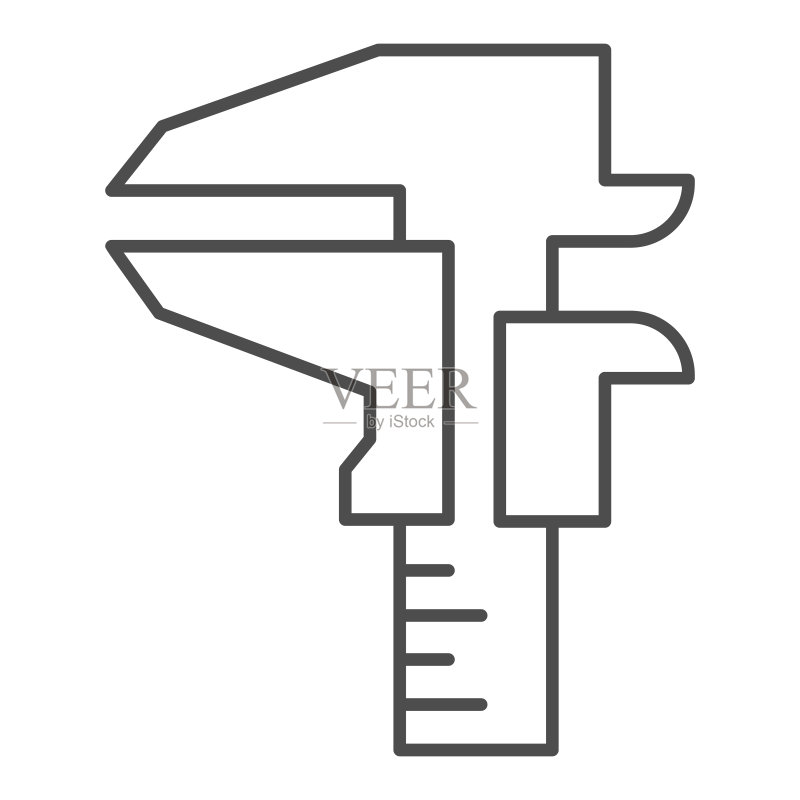 卡尺细线图标，房屋维修概念，白色背景上的工程测量标志，用于移动概念和网页设计的游标卡尺轮廓样式图标。矢量图形。图标素材
