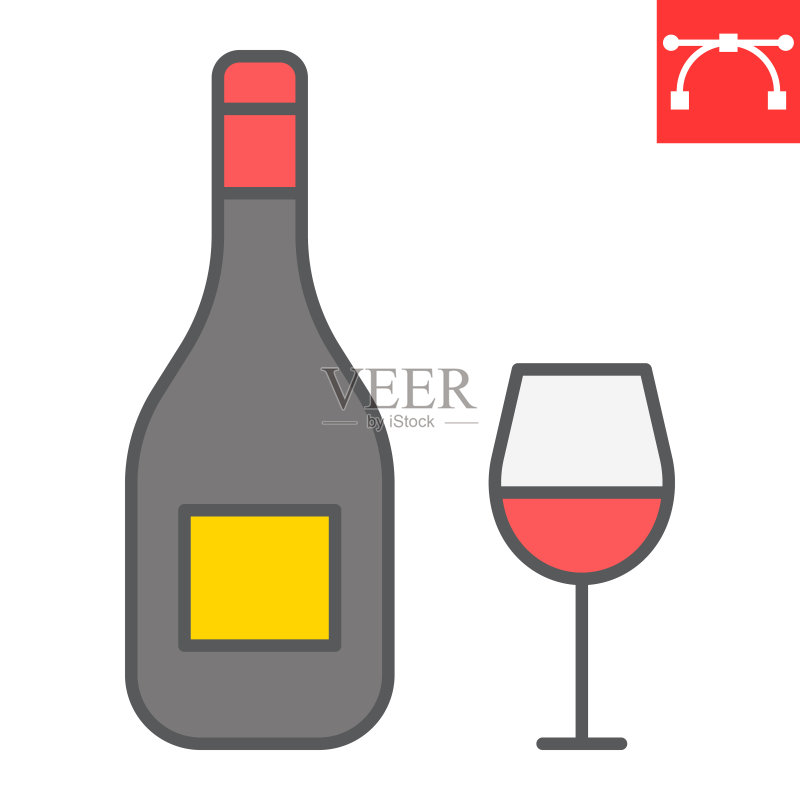 葡萄酒色线条图标：犹太新年与酒精，酒瓶与酒杯矢量图形，可编辑描边填充轮廓图标，EPS 10图标素材