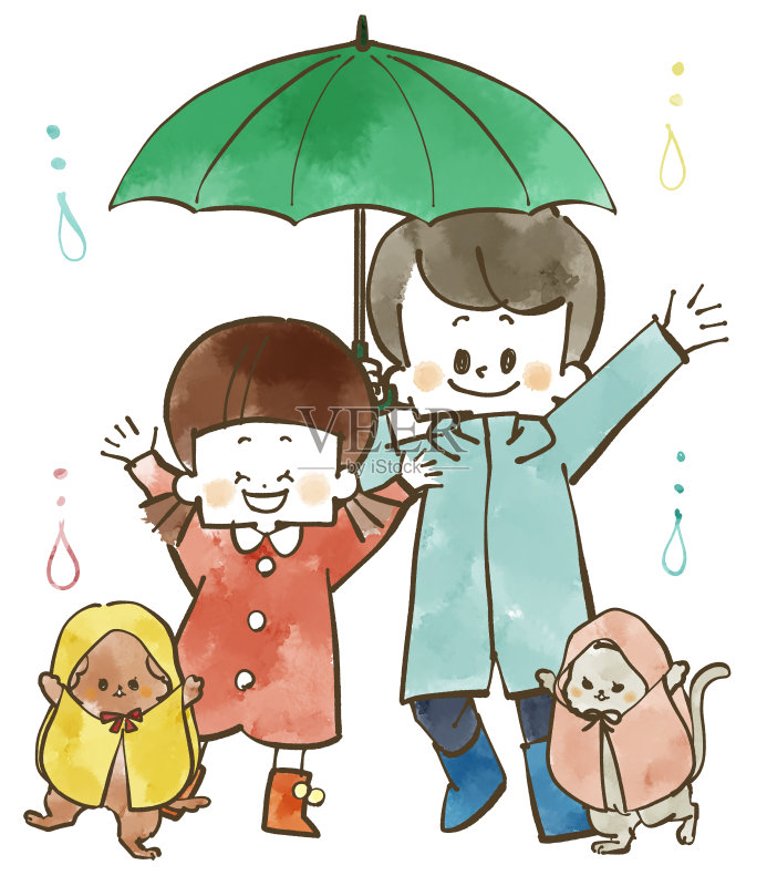 孩子，狗和猫在雨天正版元素素材
