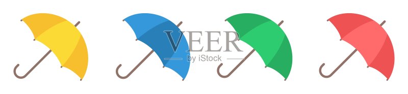 卡通风格的黄、蓝、红、绿雨伞矢量插画：白色背景上的雨伞图标集图标素材