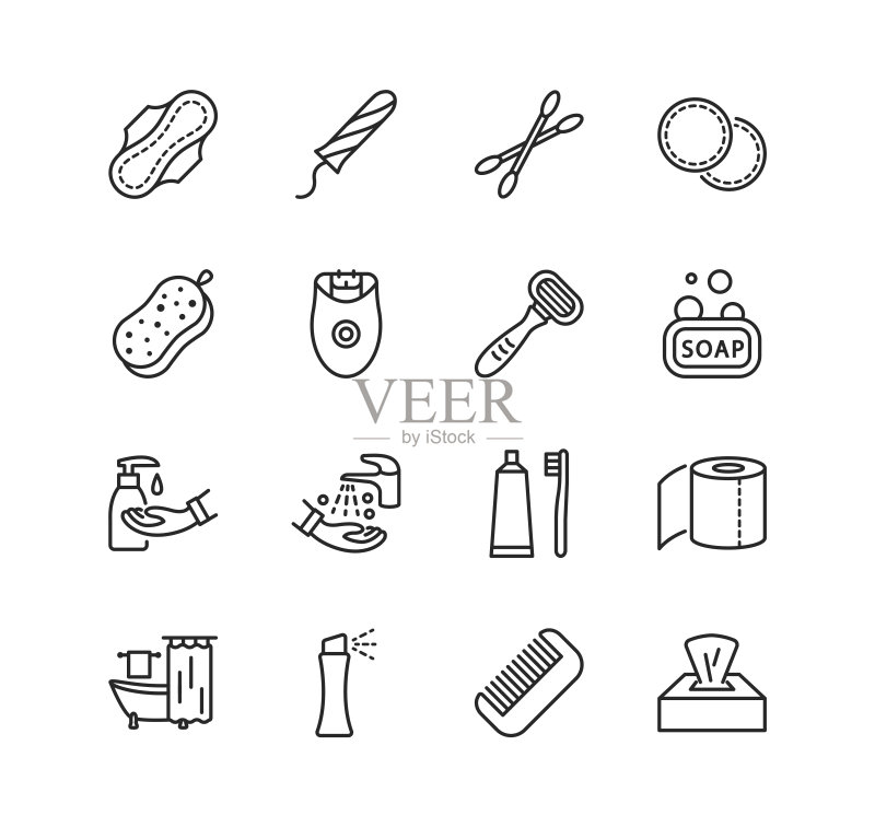个人卫生用品扁平线条图标集，可编辑笔触图标素材