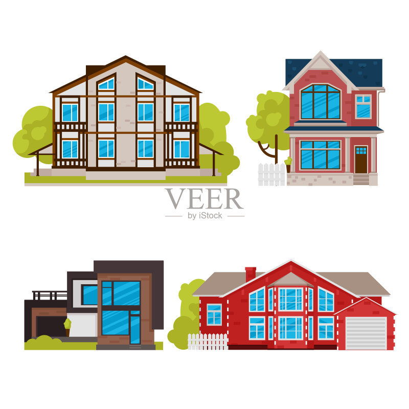 卡通彩色住宅楼建筑图标集图标素材
