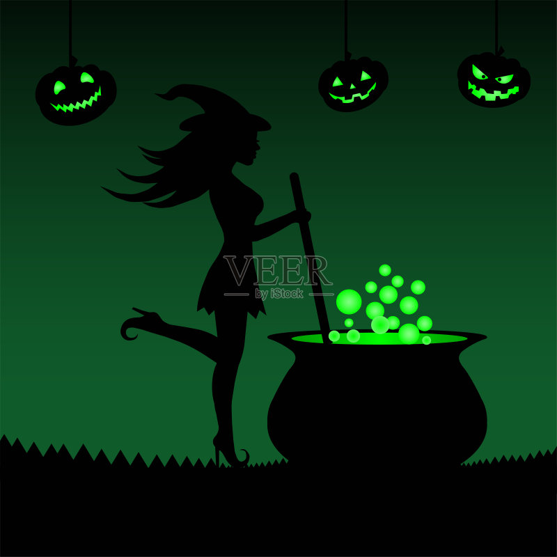 万圣节庆祝活动孤立的角色年轻的女巫戴着帽子在大锅里酿造药水正版插画素材