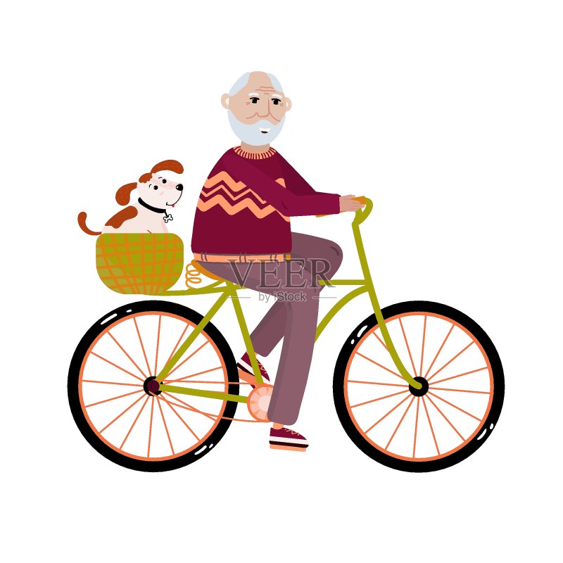 老人的活动。老人骑着自行车和他的狗。vector中的退休人员健康活动生活方式概念。爷爷骑自行车锻炼身体。正版插画素材