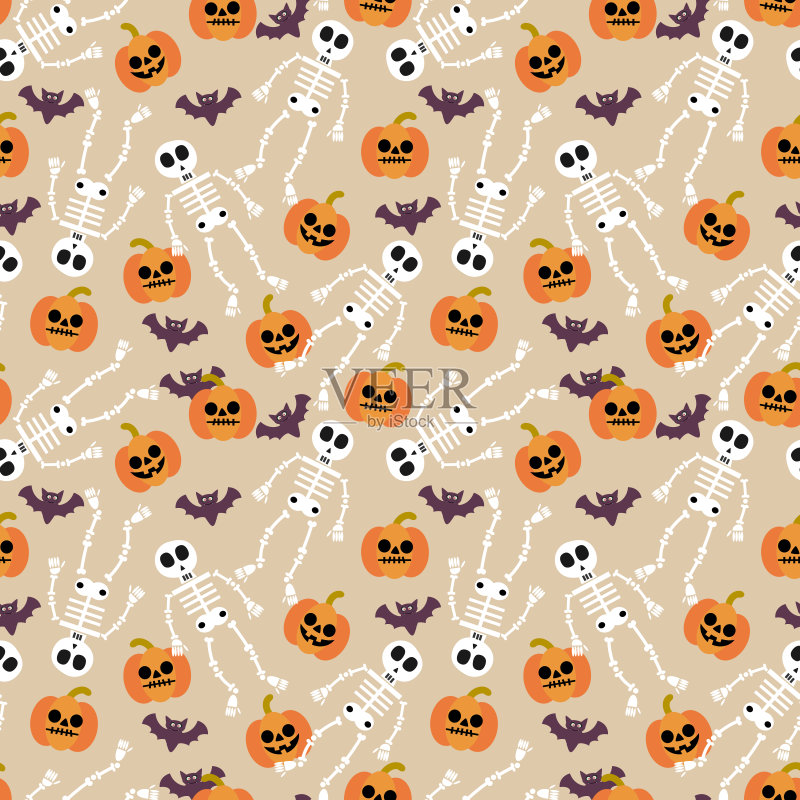 可爱的骷髅和万圣节南瓜无缝图案正版插画素材