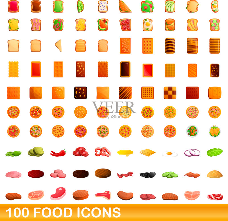 100个食物图标集，卡通风格图标素材