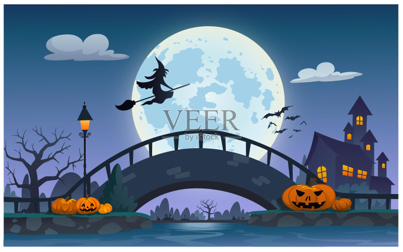 万圣节夜晚的大月亮。正版插画素材
