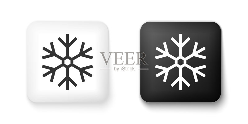 白色背景上的黑白雪花图标。方形按钮。矢量图图标素材