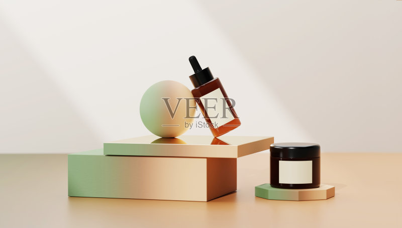 3D背景与基座讲台。柔和的米色，白色背景。镜子展示展示与化妆品容器。美丽,自然的场景。化妆品产品演示。最小抽象3D渲染。正版图片素材