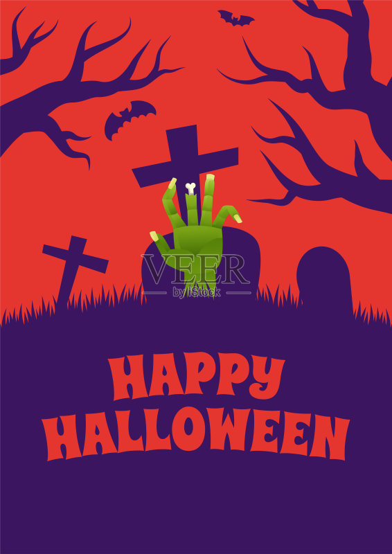 万圣节活动海报夜派对简单令人毛骨悚然的墓地墓碑僵尸手蝙蝠树矢量背景墙纸设计插图正版模板素材