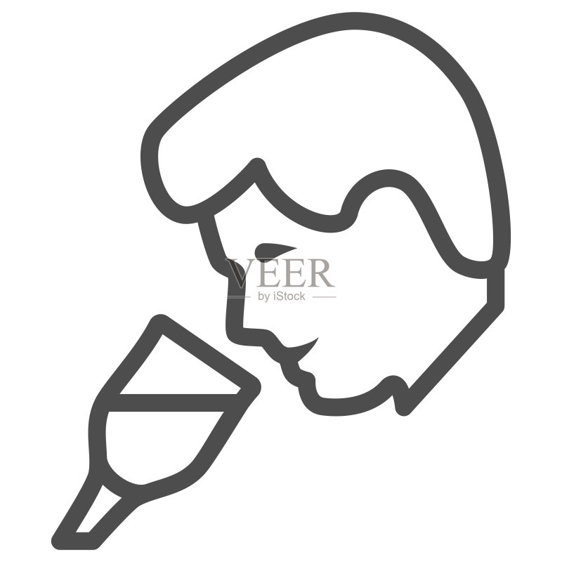 品酒线稿图标，葡萄酒节概念，男人闻玻璃杯中液体的标志在白色背景上，男人从玻璃杯中喝酒的轮廓风格图标，适用于手机。矢量图形图标素材
