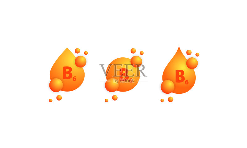 维生素B6图标集。闪亮的金色物质滴。美容护理营养护肤设计。含化学式、B6、硫胺的维生素复合物。矢量图，独立白色背景图标素材