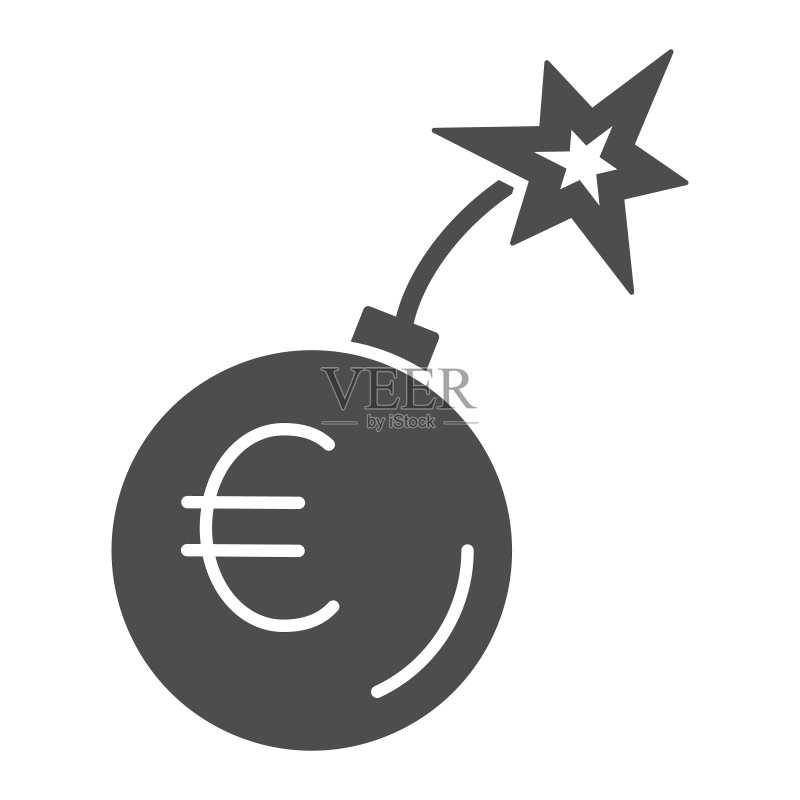 欧元货币炸弹图标，经济制裁概念，白色背景上的欧元手榴弹爆炸标志，用于移动和网络的字形风格欧元爆炸图标，矢量图形。图标素材