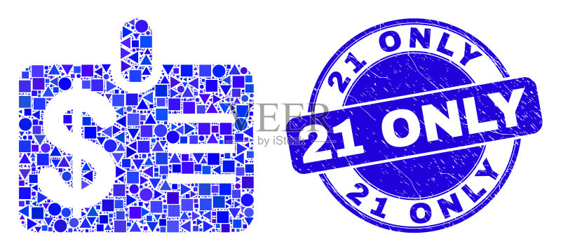 蓝色刮痕“仅限21岁”印章和美元徽章图标素材