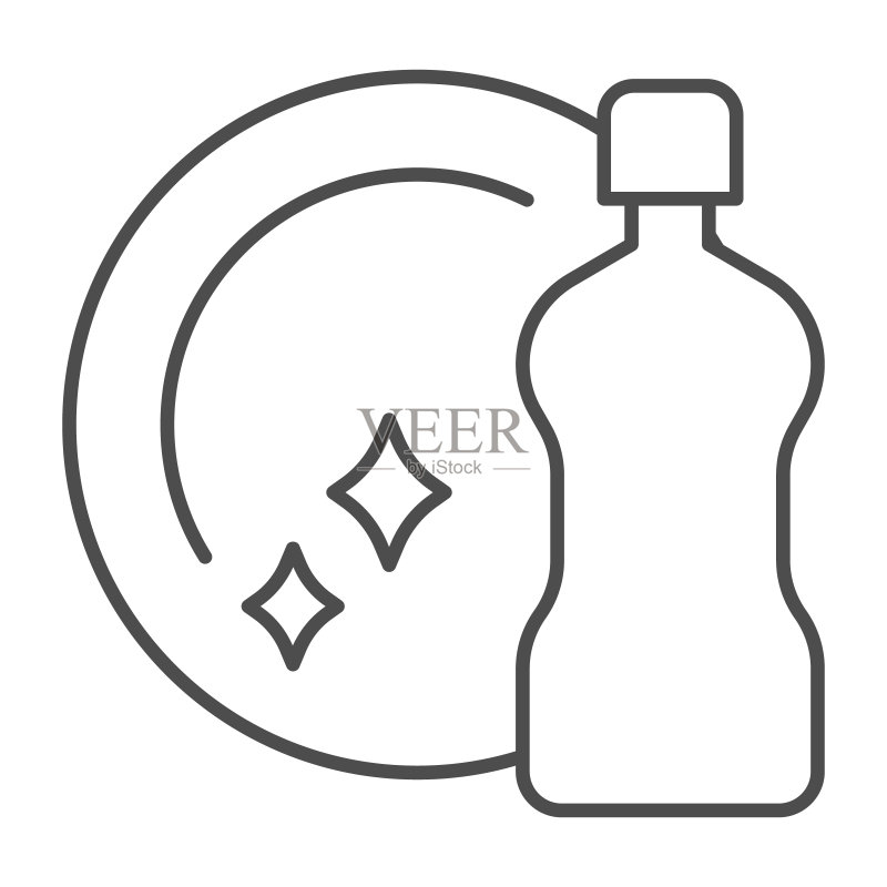 洗涤剂瓶和干净的盘子细线图标，清洁服务概念，白色背景上的洗碗液和盘子标志，带有洗涤剂图标轮廓样式的卫生盘子。矢量图形。图标素材