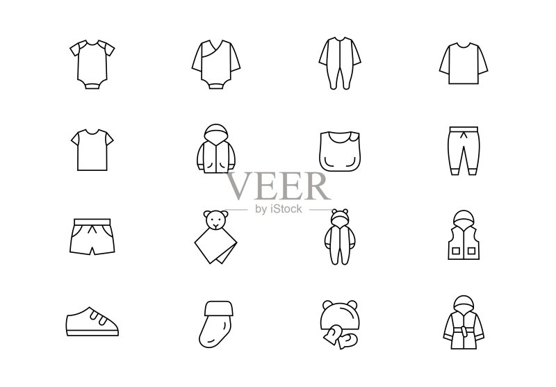 婴儿服装细线矢量图标。可编辑笔画图标素材