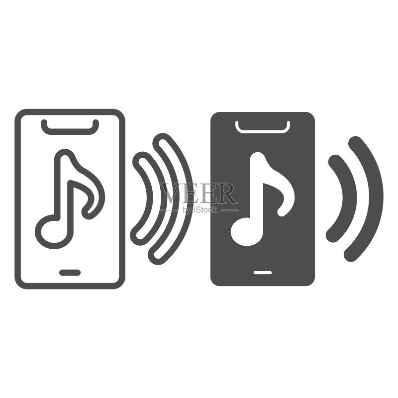 带有音符线条和实心图标的智能手机，声音设计概念，带有音乐播放器界面的设备，带有轮廓风格音乐符号的手机。矢量图形图标素材