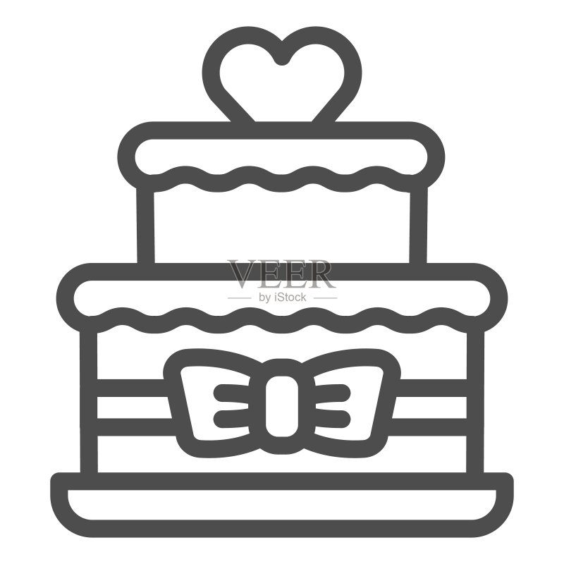 带心形和蝴蝶结线条图标的双层蛋糕，生日纸杯蛋糕概念，白色背景上的结婚蛋糕标志，用于移动设备的轮廓风格的带蝴蝶结和心形图标的双层蛋糕。矢量图形。图标素材