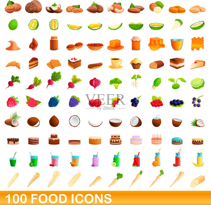 100个食物图标集，卡通风格图标素材