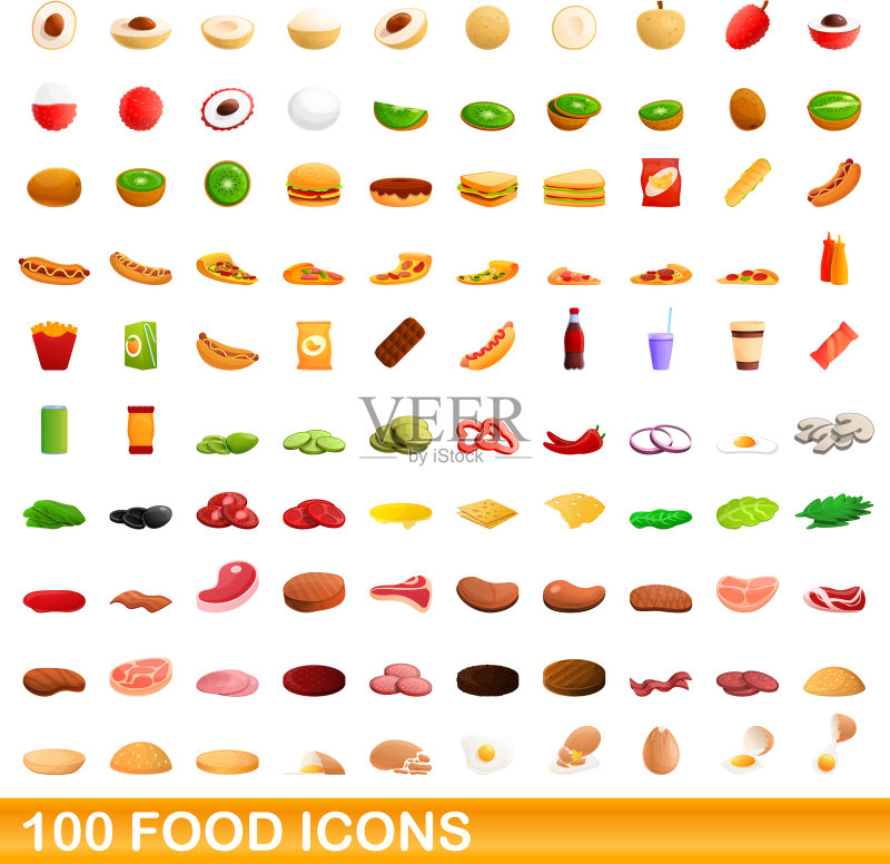100个食物图标集，卡通风格图标素材