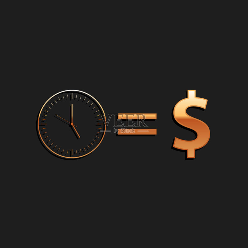黑色背景上的金色时间就是金钱图标。时间就是金钱。有效的时间管理。将时间转化为金钱。长阴影风格。矢量图图标素材