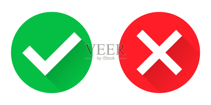 圆形绿色对号和红色叉号，正确和错误图标，白色背景上的肯定和否定图，错误和肯定贴纸，肯定和否定组合，EPS 10图标素材