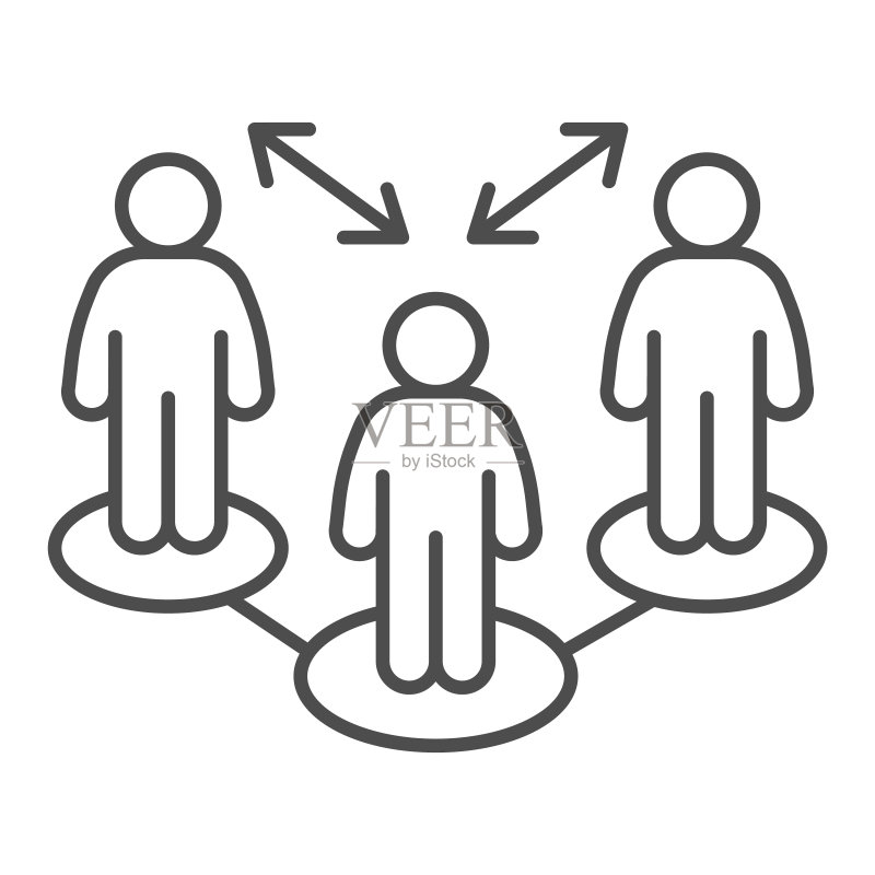 保持社交距离：三人之间的距离限制细线图标，避免聚集，注意安全。矢量图。图标素材