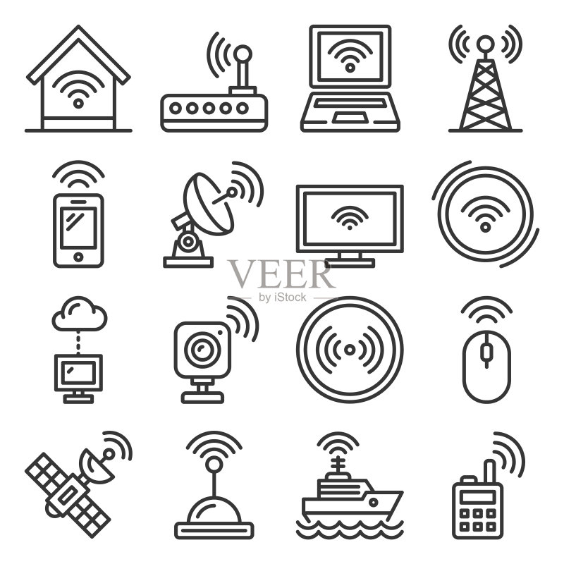 白色背景上的无线和通信图标集（矢量图）图标素材