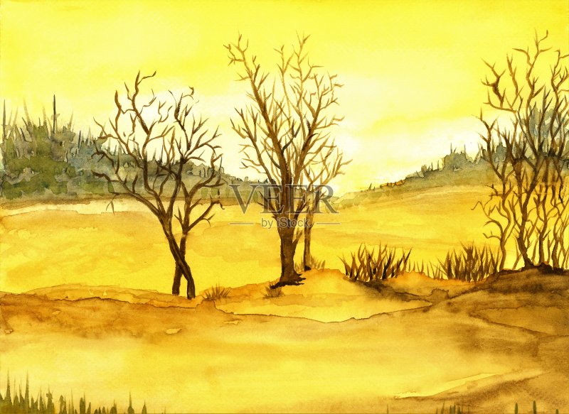 水彩绘画。自然景观。正版插画素材