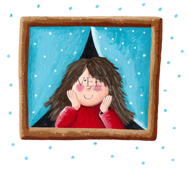 一个小女孩望着窗外飘落的雪花的插图正版插画素材