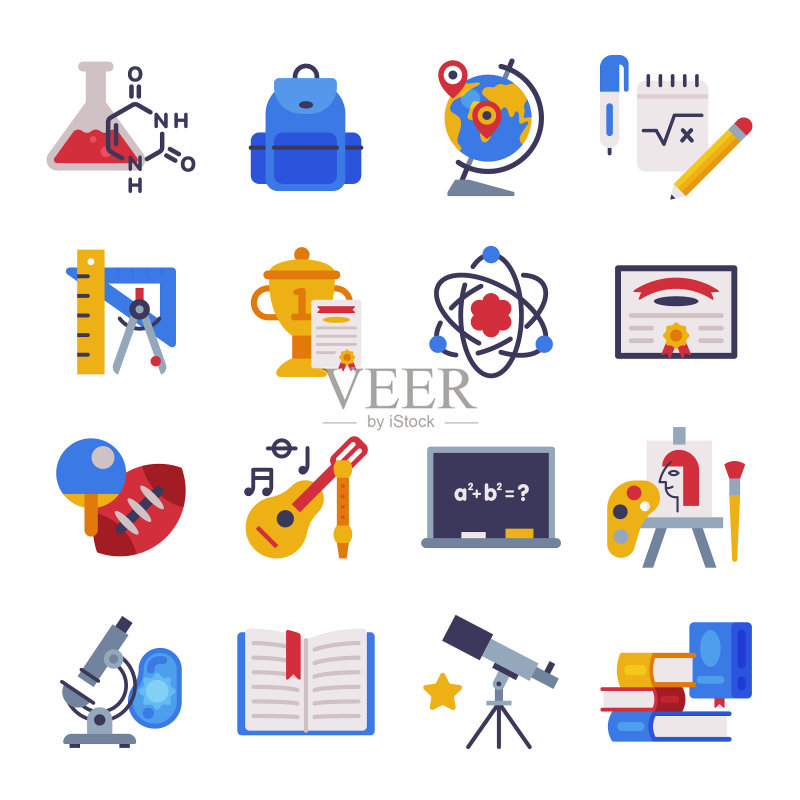 不同的学校文具和用品套装图标素材
