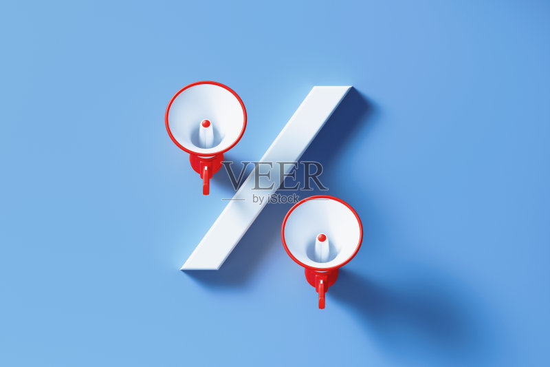 蓝色背景下红色扩音器形成的百分比标志正版图片素材