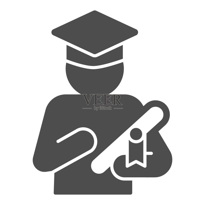 手持文凭的学生实体图标，创业概念，大学毕业生在白色背景上的毕业标志，用于移动概念和网页设计的字形样式毕业图标。矢量图形图标素材