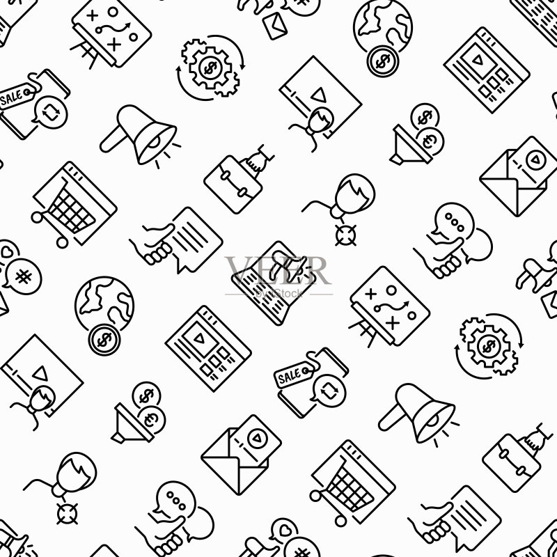 商业营销细线图标无缝图案：数字营销、在线购物、广告、社交媒体、电子邮件营销、视频博客、反馈、策略、公文包。矢量图图标素材