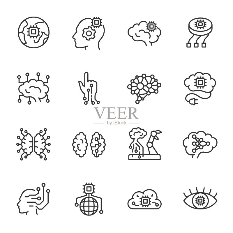 人工智能线性图标集：神经技术主题，可编辑描边图标素材