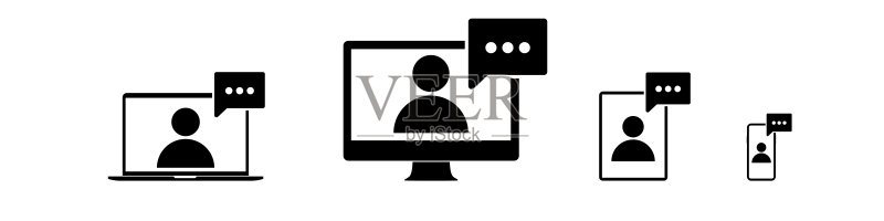 在线培训矢量图标：在线学校、视频会议、网络研讨会、视频通话学习、计算机远程教育、笔记本电脑课程媒体图标素材