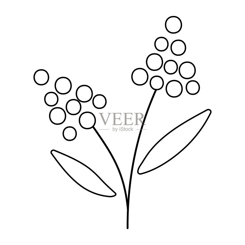 矢量黑白花朵图标：初 bloom 植物轮廓插图或着色页，可爱春天抽象绿色植物，白色背景隔离图标素材