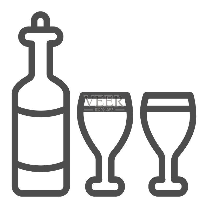 葡萄酒瓶和酒杯线条图标：感恩节庆祝葡萄酒组合图标素材