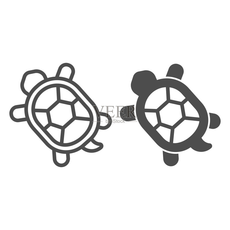 带有硬壳轮廓和实心图标的乌龟，家畜概念，白色背景上的乌龟标志，移动概念和网页设计的乌龟轮廓图标。矢量图形图标素材